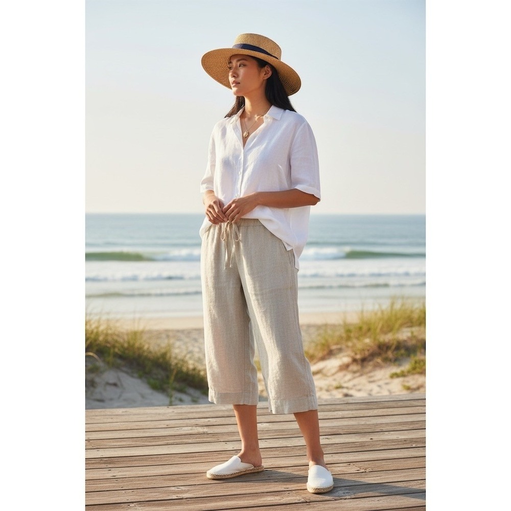 Talbots Capri Pants Linen‎ 18 Beige Wide Leg Drawstring Pockets Coastal grandma